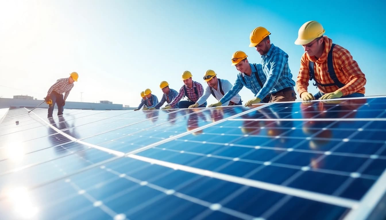 Installing commercial solar panels Lincoln on a bright, sunny rooftop by a professional team.