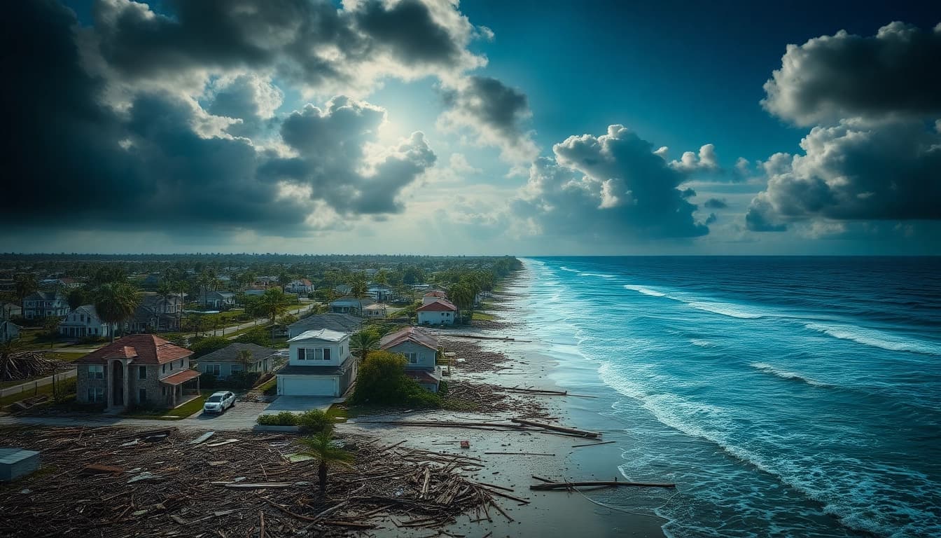 Assessing Florida Hurricane Damage in a storm-affected coastal community, illustrating resilience amid destruction.