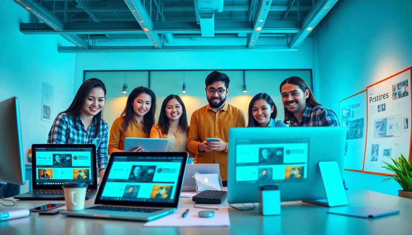 Creative team collaborating on website design, focused on thiết kế website theo yêu cầu for clients.