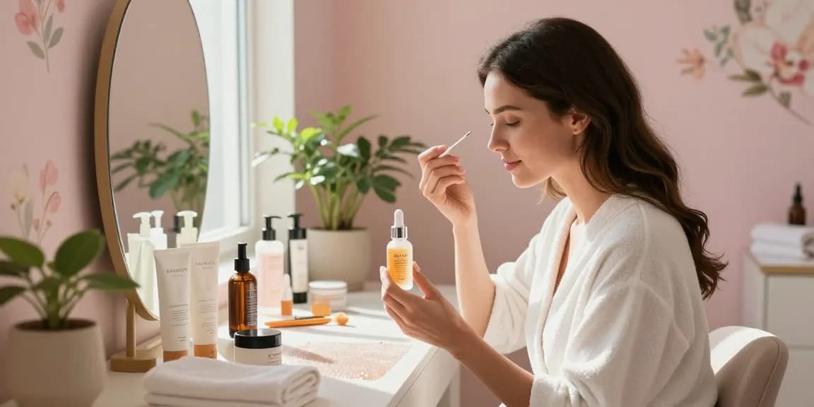 Femeie bucurându-se de rutina ei de îngrijire a pielii la o toaletă frumos aranjată, plină de produse de îngrijire a pielii.