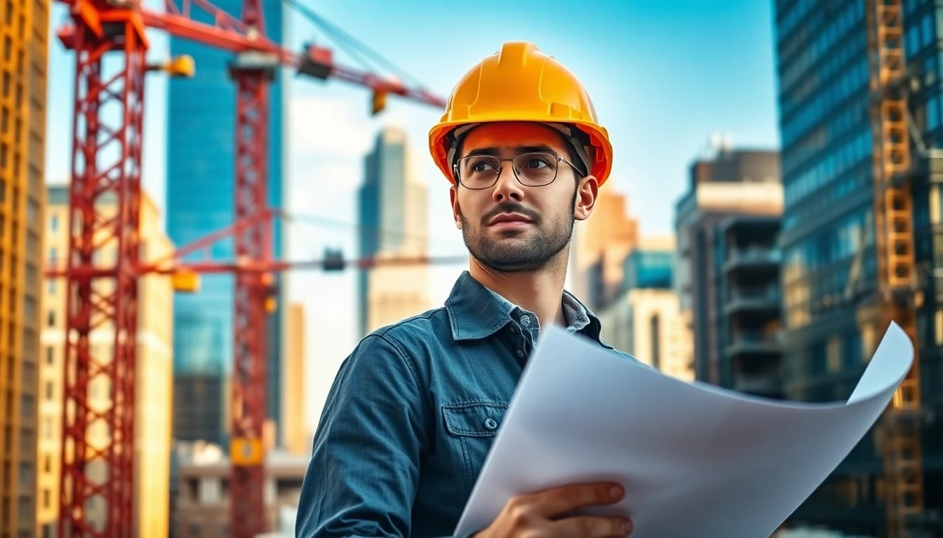 New York City Construction Manager actively overseeing a construction site in NYC, surrounded by cranes and blueprints.