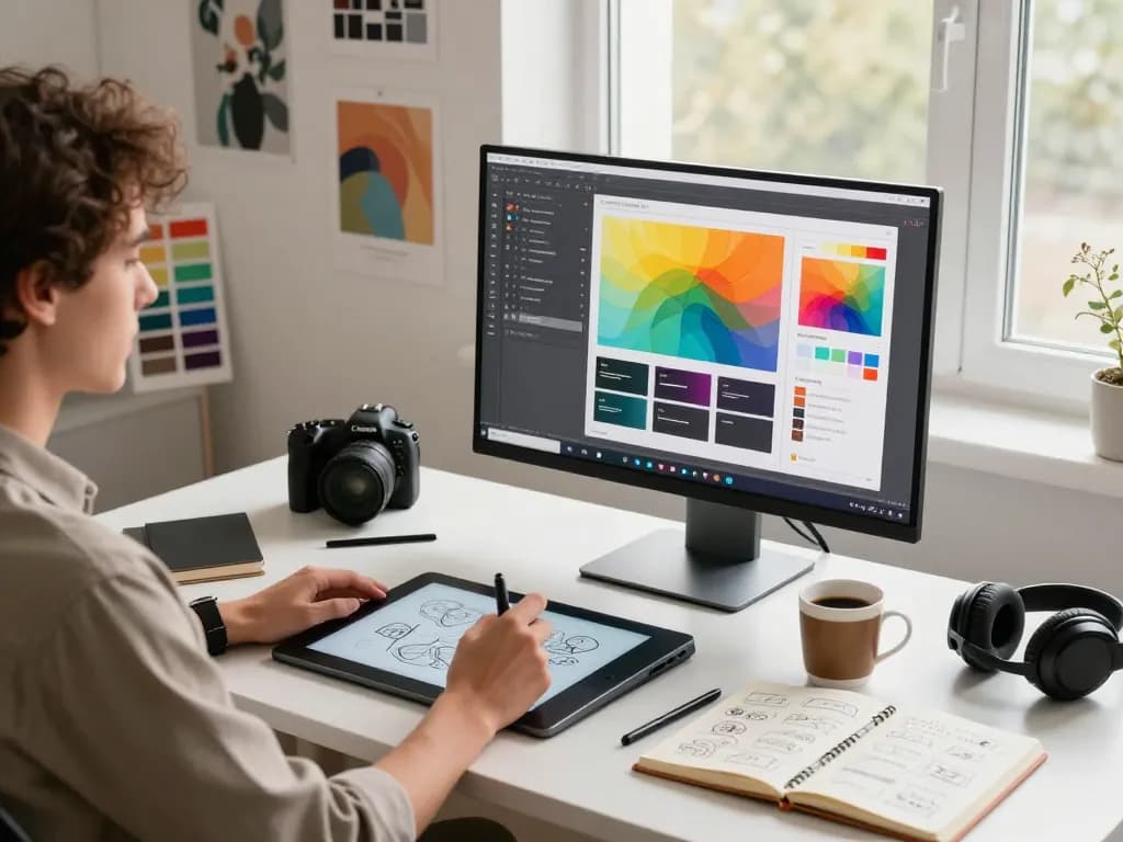 Designer using an image to prompt tool at a digital studio workspace, showcasing vibrant graphic designs.