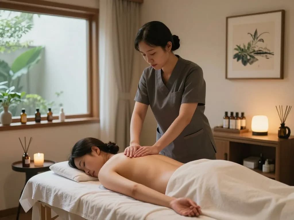 Relaxing 인계동마사지 therapy session in a serene and well-lit room with essential oils and calming decor.