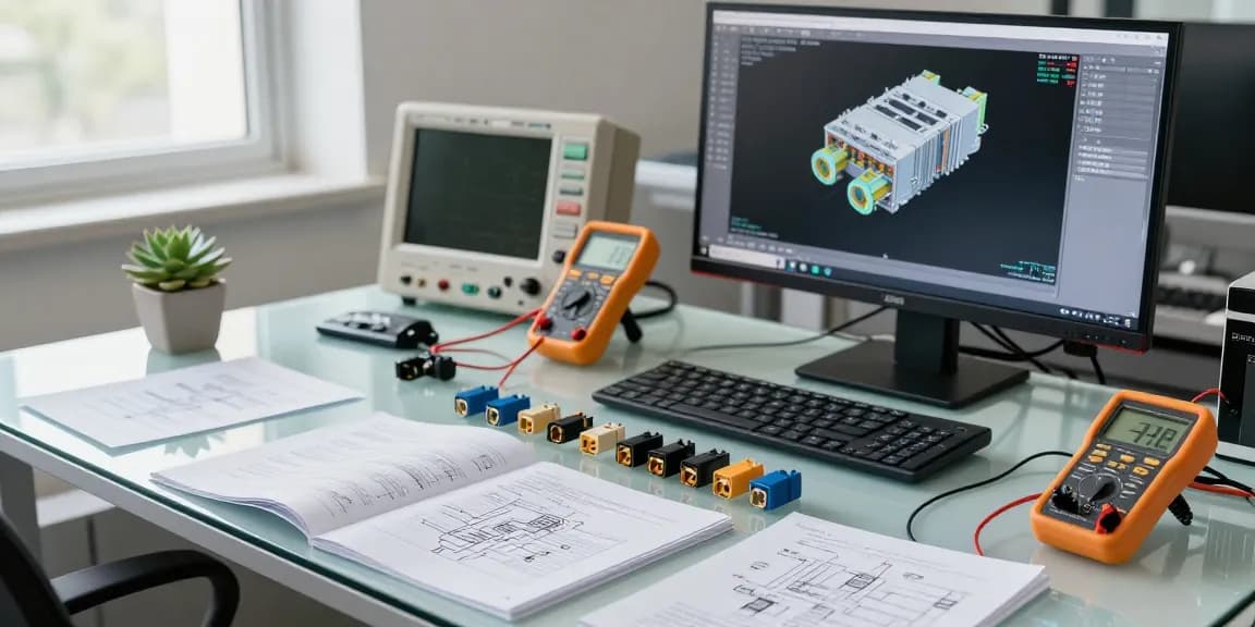 IEC connectors arranged on a glass desk with technical diagrams and tools in an engineer's workspace