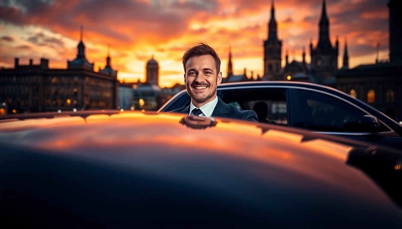 Experience Chauffeur Hire Nottingham with professional chauffeur in luxury vehicle against city backdrop.