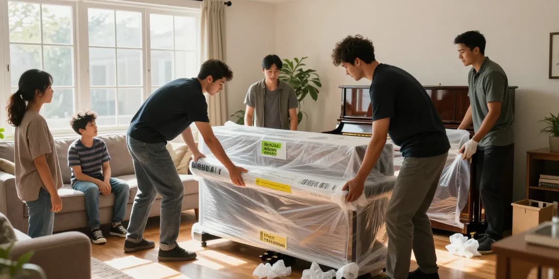men on mission movers carefully packing a piano in a sunny living room