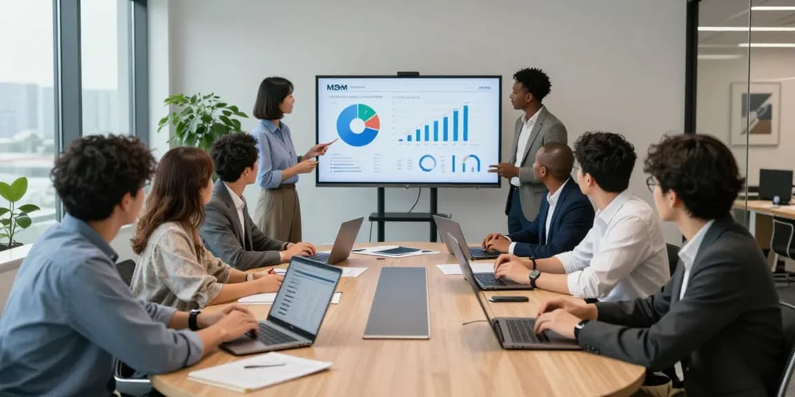 Team collaborating on MBM performance metrics in a modern conference room.