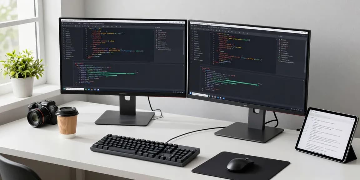 Focused developer coding on 纸飞机中文版 app with dual monitors in a modern workspace.