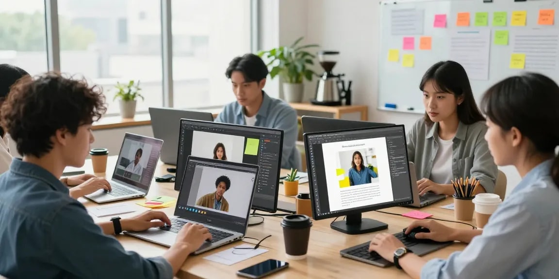 Group using Snipaste for efficient 截图软件下载 in a modern office workspace.