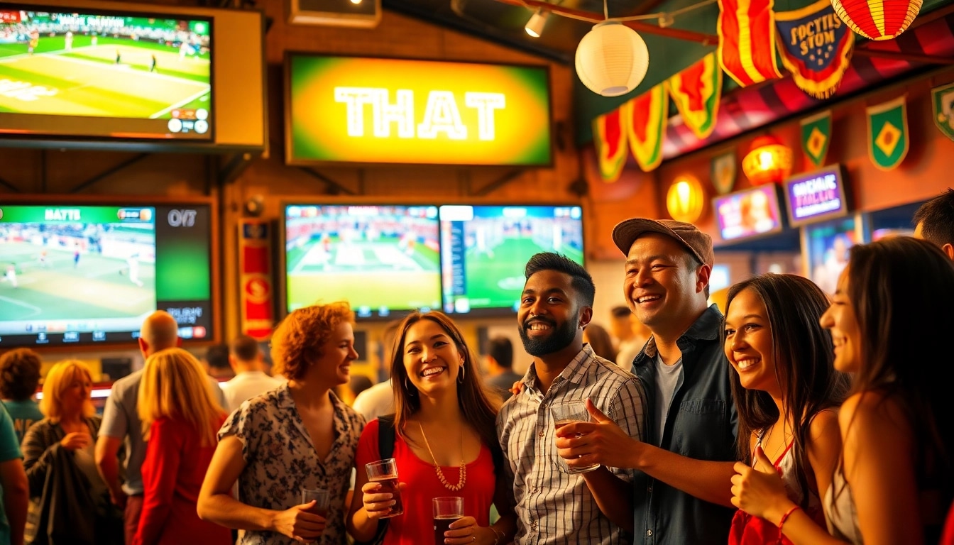 Celebrate the best sports betting sites in Brazil with energetic fans cheering at a sports bar.