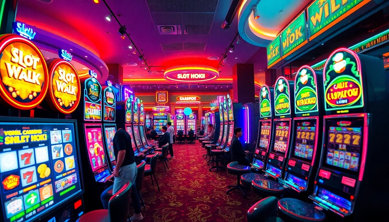 Exciting casino scene with players enjoying slot hoki machines amidst vibrant lights and a welcoming atmosphere.