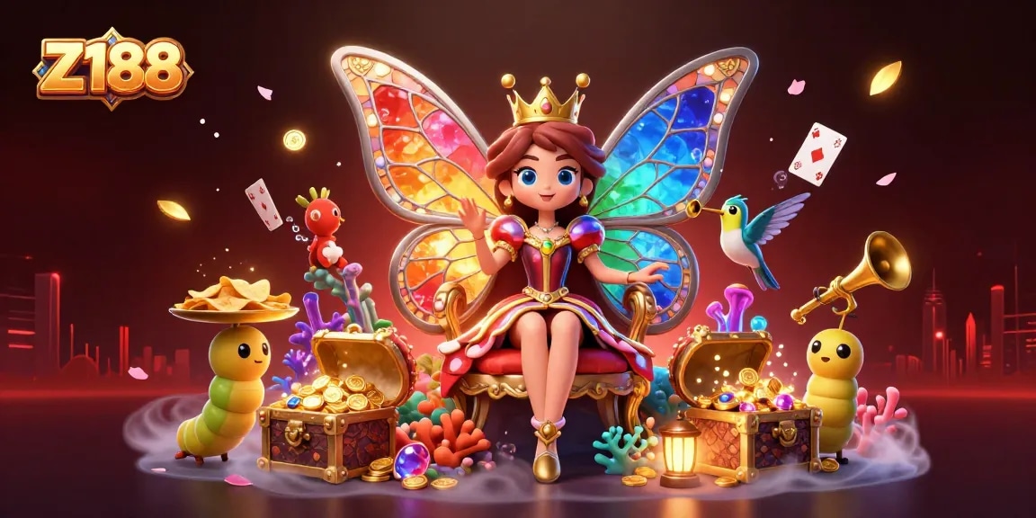 Z188 empowers players with vibrant slot adventures filled with butterfly queen and gold coins, showcasing exciting treasures.