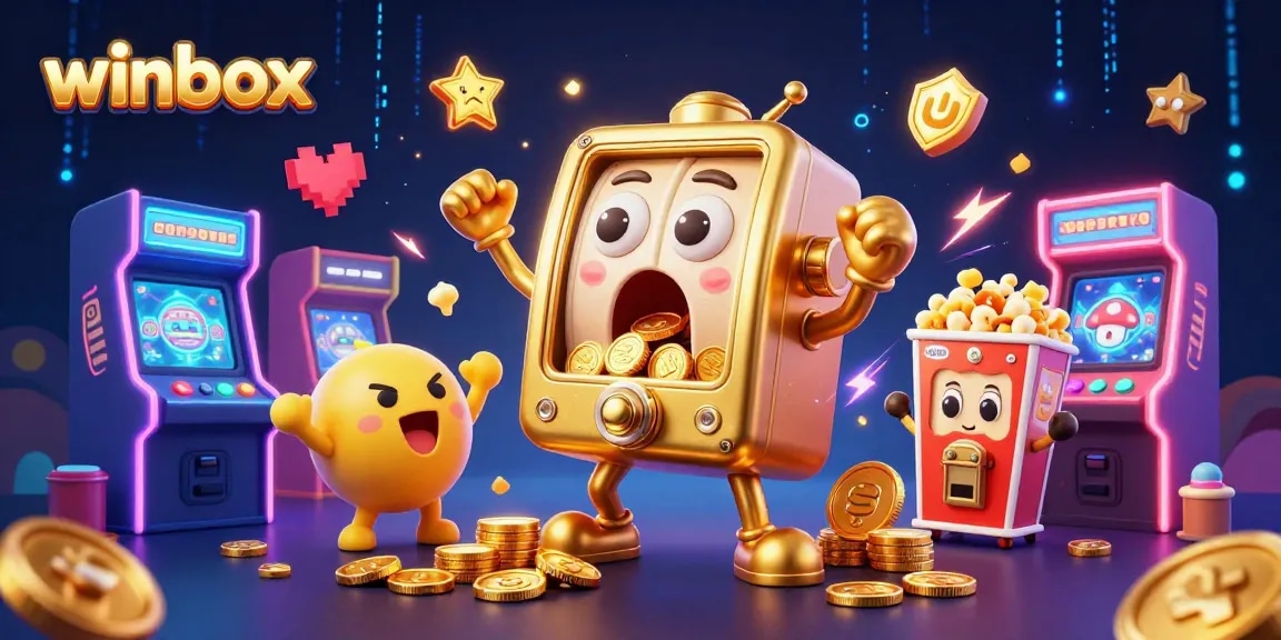 Experience winbox magic as a golden slot machine celebrates with coins flooding out, embodying casino excitement!