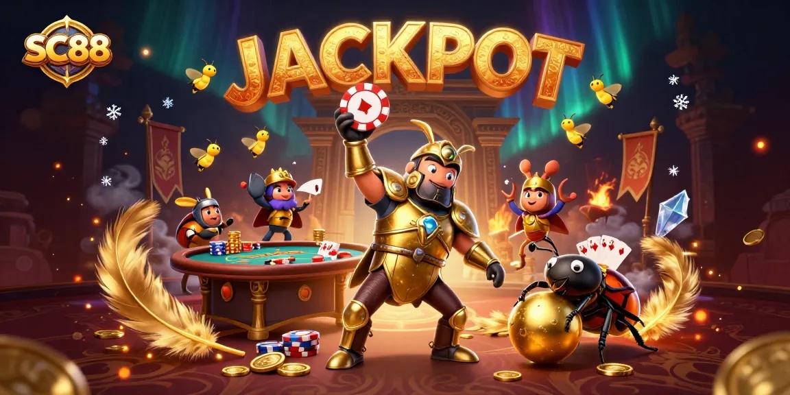SC88 poker chip victory scene with colorful casino elements and dynamic characters.
