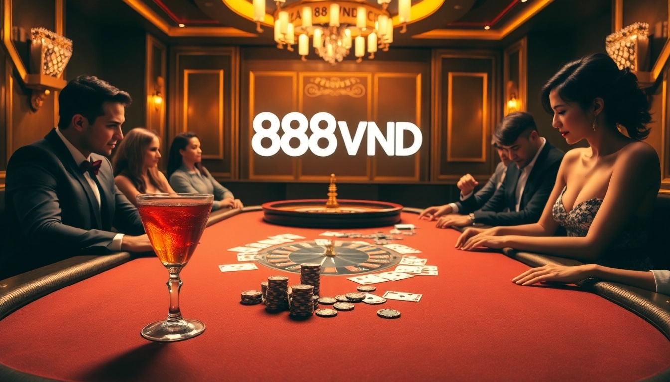 A dynamic casino atmosphere featuring poker players at a table, showcasing 888VND and vibrant gambling activity.