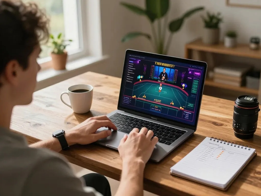 Engaging scene of a player focusing on the laptop for a nhà cái uy tín experience, showcasing a live dealer game interface with personal betting notes.
