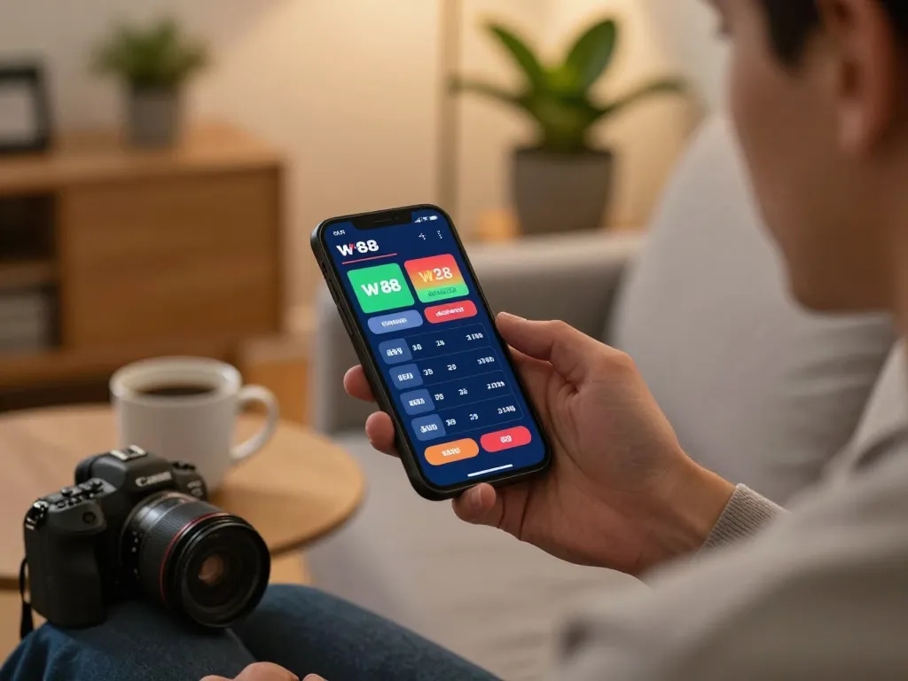 Engaging with the W 88 casino app on smartphone while relaxing at home, showcasing strategic gameplay.