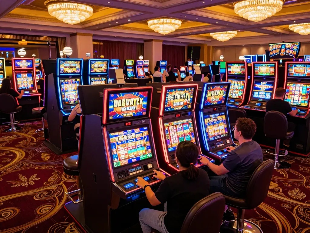 Players enjoying top quality widgets at slot machines with vibrant lights and sounds in a lively casino.