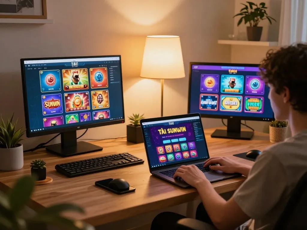 TẢI SUNWIN app shown in vibrant home gaming setup, providing engaging online casino experience