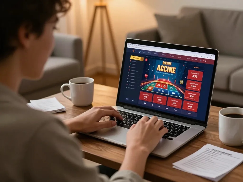 Engaging user playing on https://m-100cuci.net/ online casino, showcasing interactive gaming experience and cozy atmosphere.