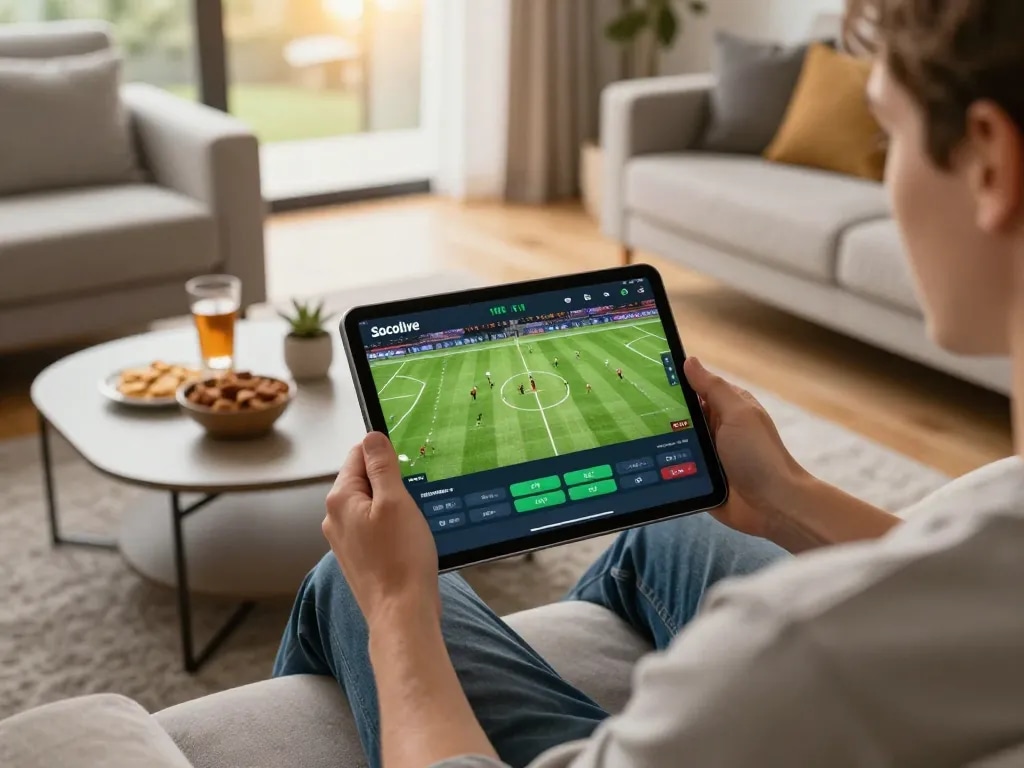 Socolive user engaging with live football matches on sports betting app in cozy home setting
