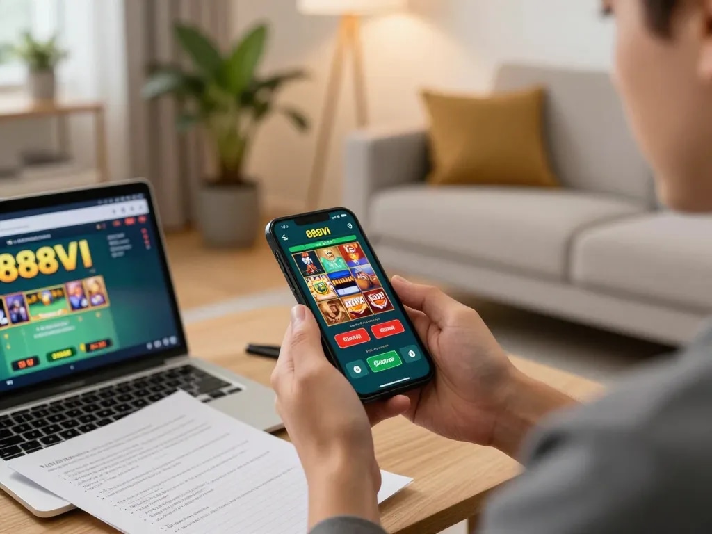 Player exploring the 888VI gambling app on smartphone in a cozy home setting, emphasizing responsible gaming practices.