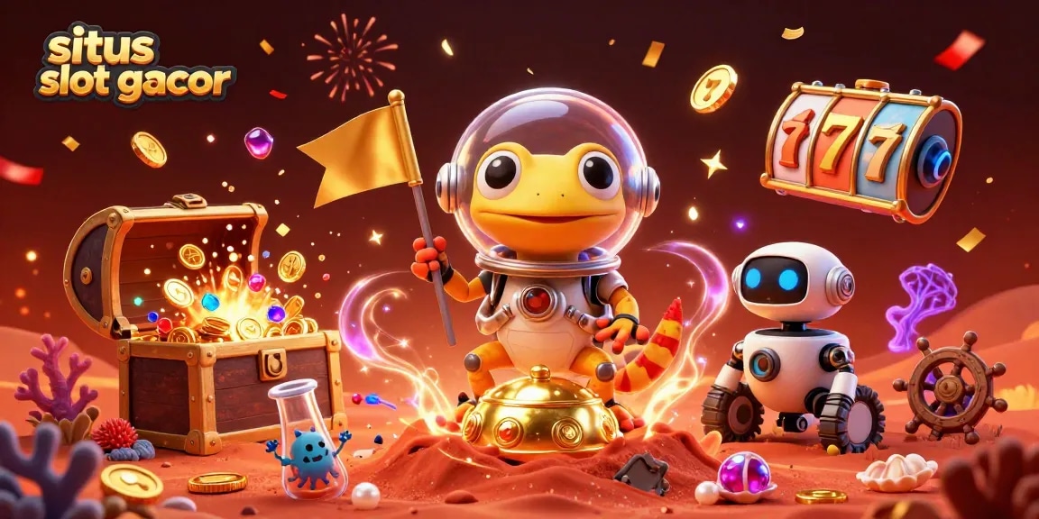 Celebrate wins at situs slot gacor with a vibrant 3D illustration of a Martian gecko in a golden casino.