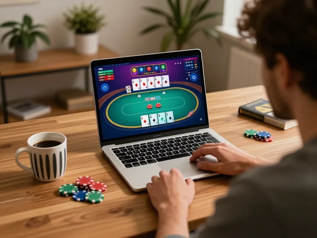 Online gambling on https://56win.bid/ with poker chips and vibrant game interface at home.