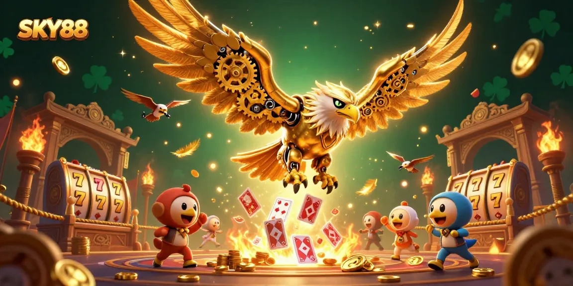 Engage in winning strategies at SKY88 online casino with vibrant 3D illustration showcasing gaming excitement.
