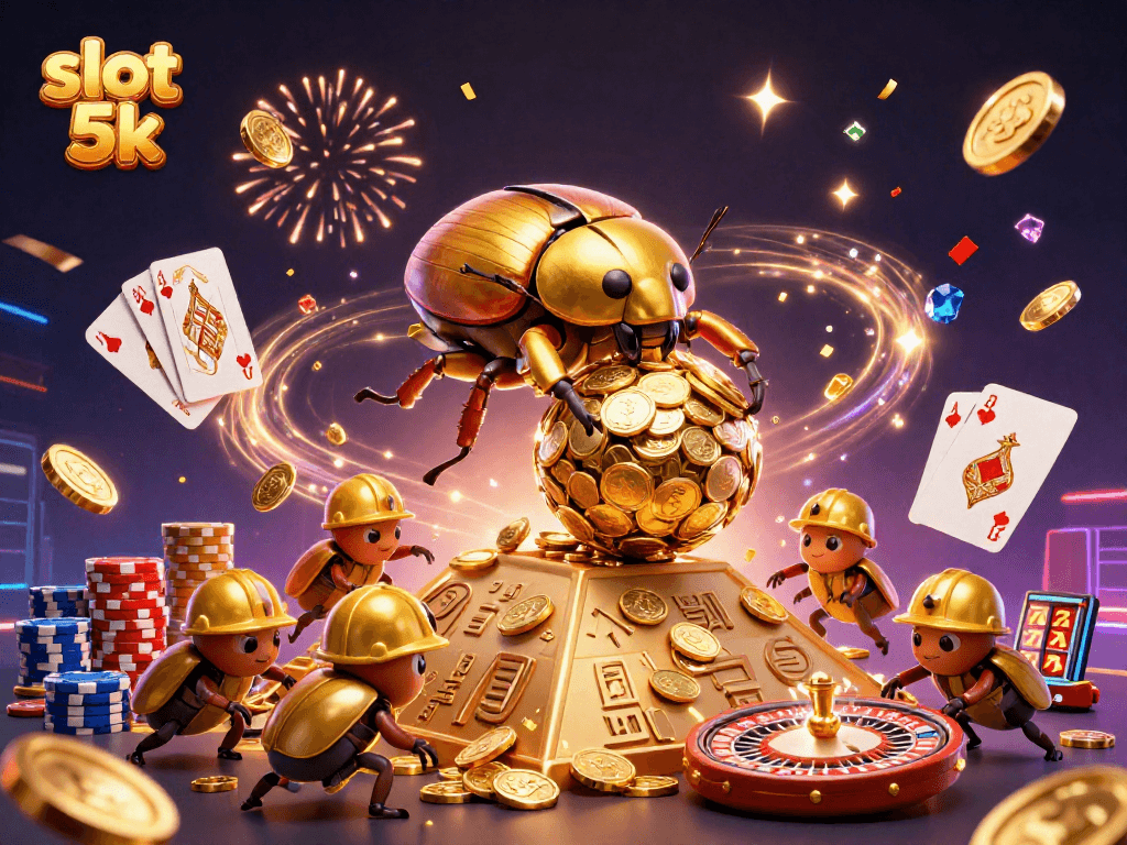Spin to win with slot 5k, featuring dynamic casino illustrations and vibrant gaming elements.
