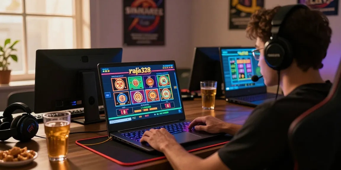 Engaged player using the situs raja328 online gaming platform with exciting game graphics.