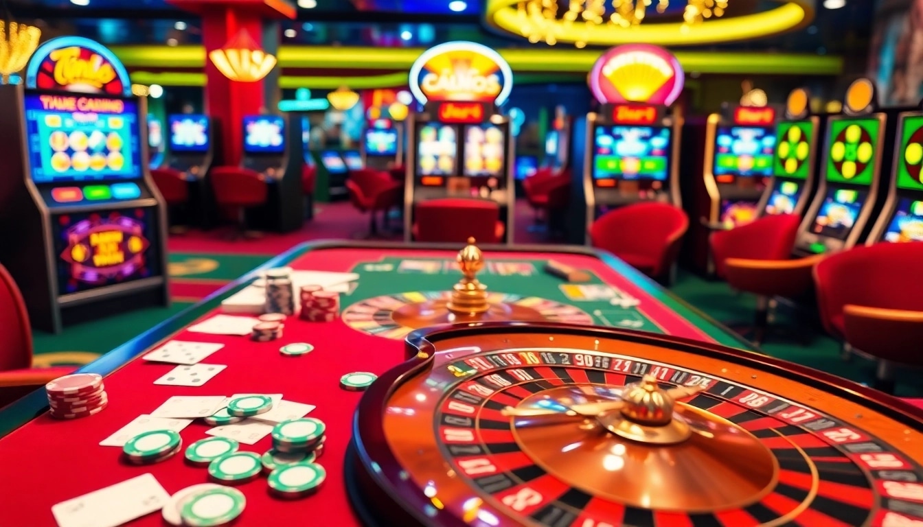 Ambiance captivante du casino en ligne Français avec une roue de roulette et des machines à sous vibrantes.