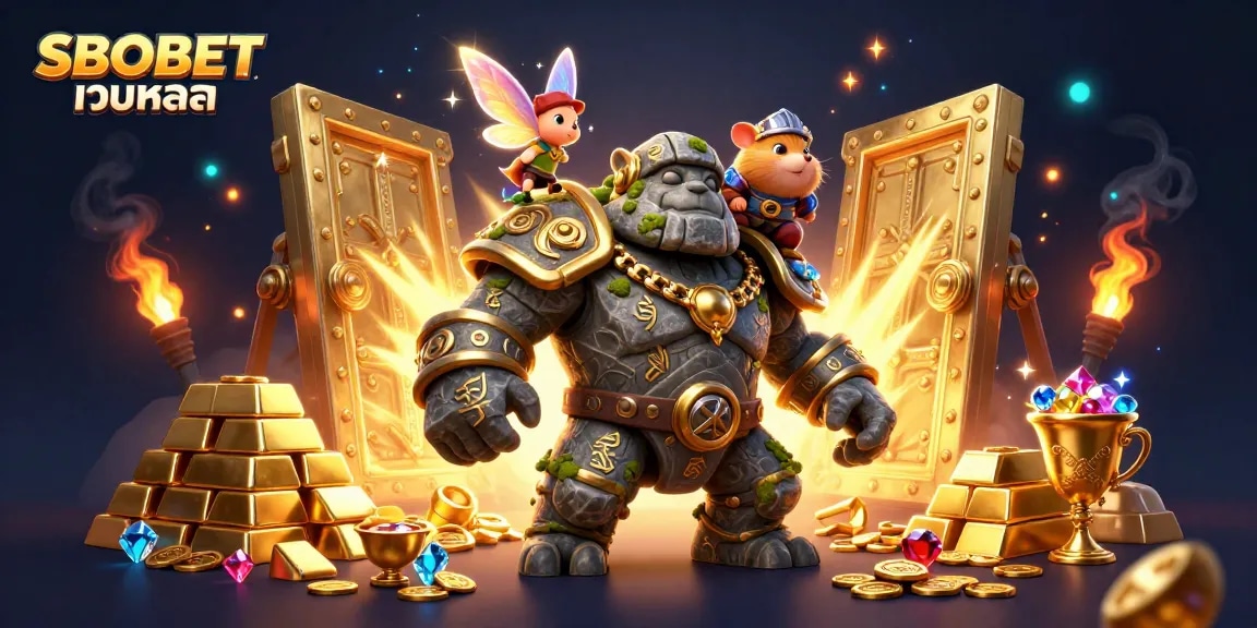 SBOBET เว็บหลัก showcases a vibrant fantasy scene with a stone golem guardian, sparkling treasures, and magical elements.