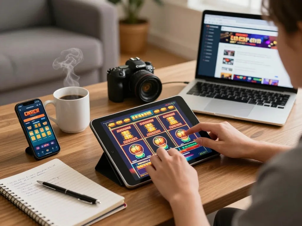 Engaging in online slots gameplay with UGDEWA on a tablet in a cozy home setting