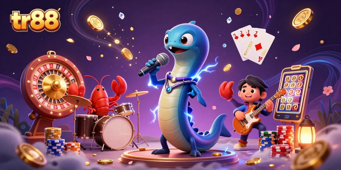 tr88: Dynamic underwater casino scene with a DJ eel, lobster drummer, and seahorse guitarist amidst sparkling gems and golden coins.