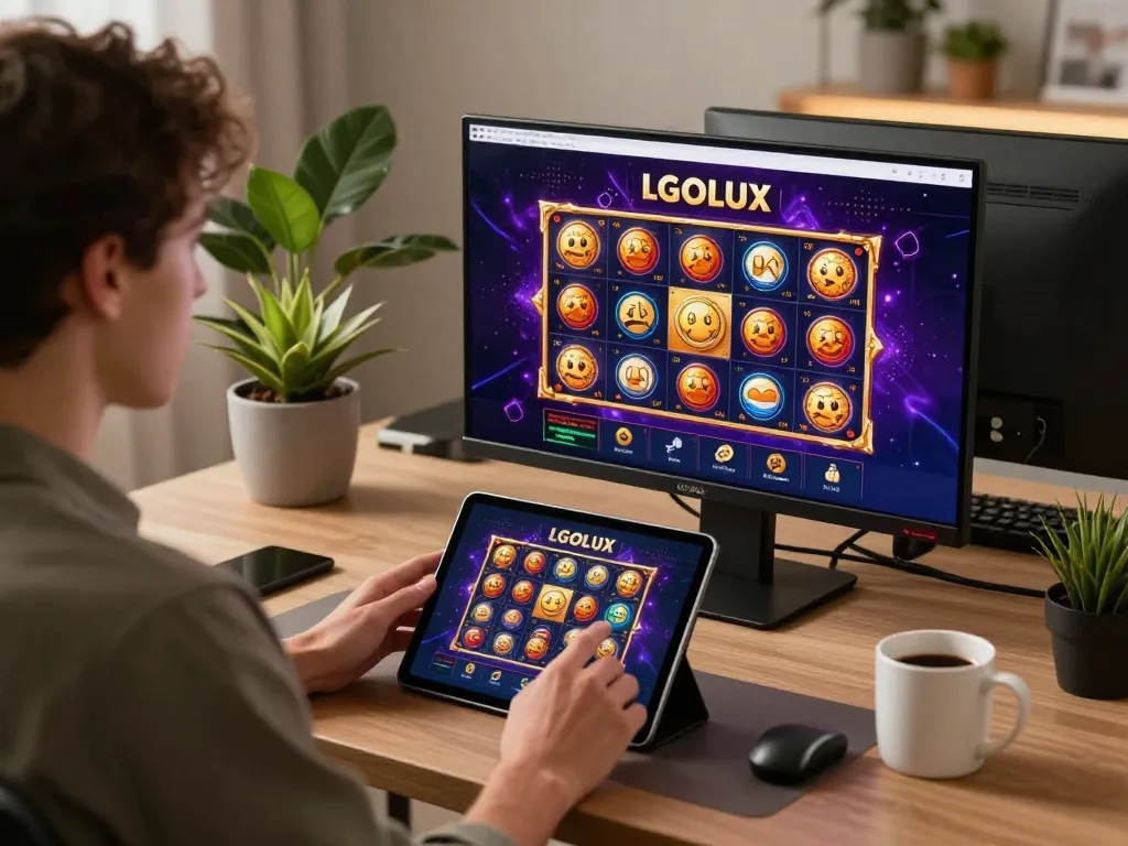 Experience thrilling gameplay at LGOLUX with vibrant slot games on a tablet in a cozy home setting.