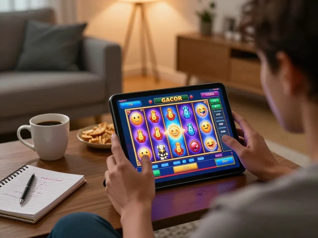 Playing slot gacor on tablet in a cozy home setting, showcasing exciting reels and relaxed atmosphere.