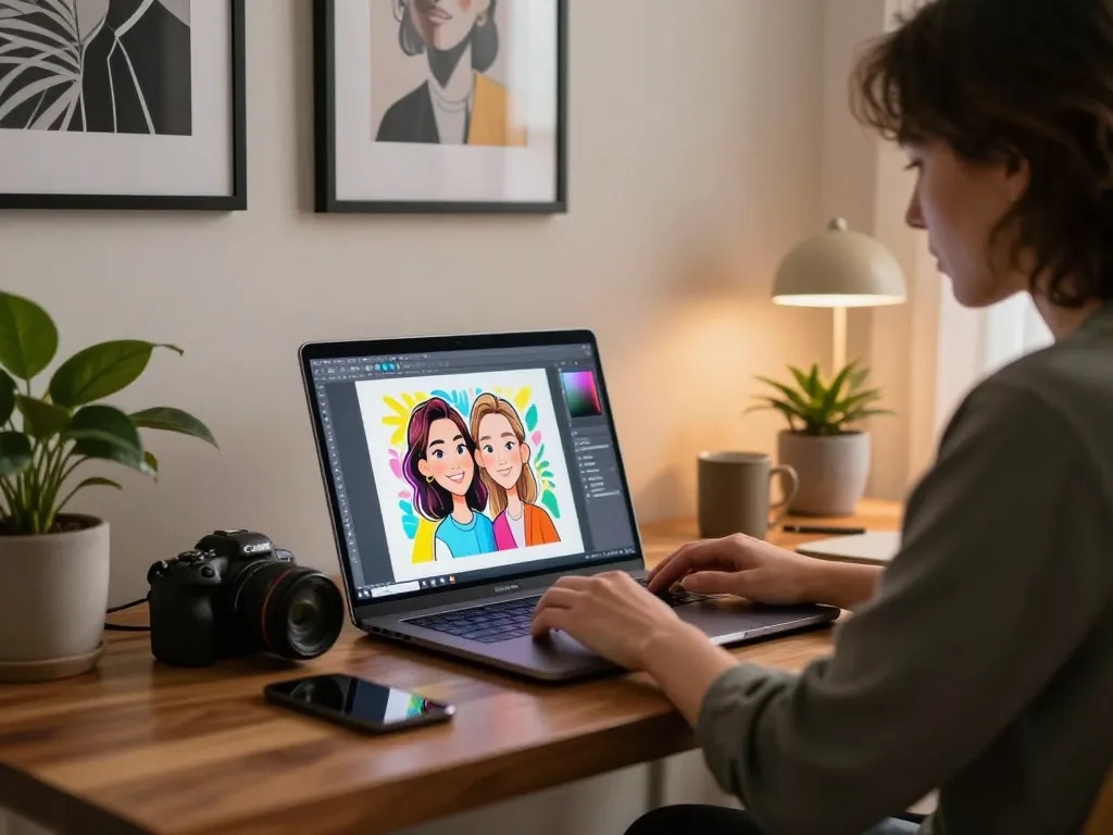 Creating a Chatgpt caricature of the user in a stylish home workspace with a laptop.