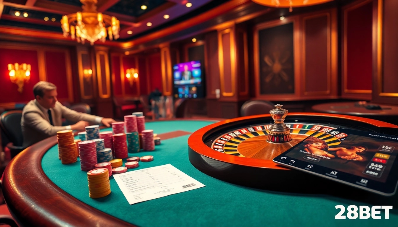 Engaged players at a poker table showcasing 28BET high-stakes gambling action.
