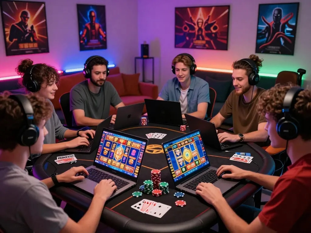 Engaging online gaming scene showcasing friends enjoying slot gacor hari ini with laptops and colorful game screens, creating an exciting atmosphere.