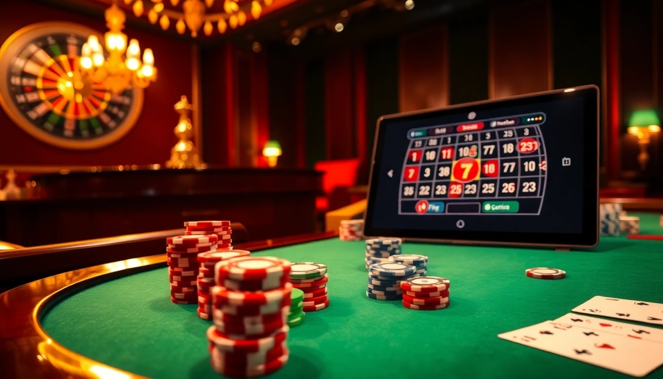 Découvrez l'excitation du casino en ligne Français avec des jetons de poker scintillants et une roue de roulette vibrante.