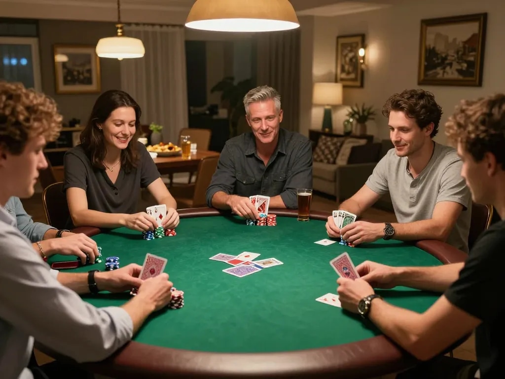Players engaging in a friendly poker game during a home night, showcasing MM88 strategies in action.