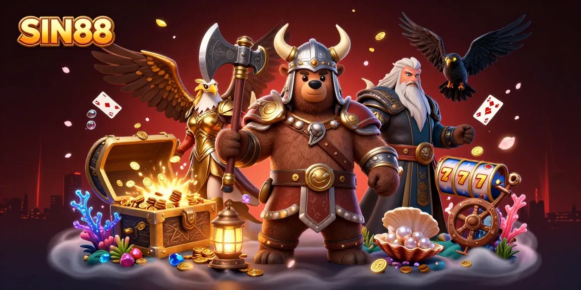 SIN88 showcases a dynamic 3D scene with a Viking bear and Valkyrie eagle surrounded by casino elements and treasure.