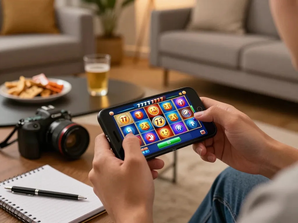 Engaging in slot777 games on smartphone in a cozy home environment, showcasing strategic play.