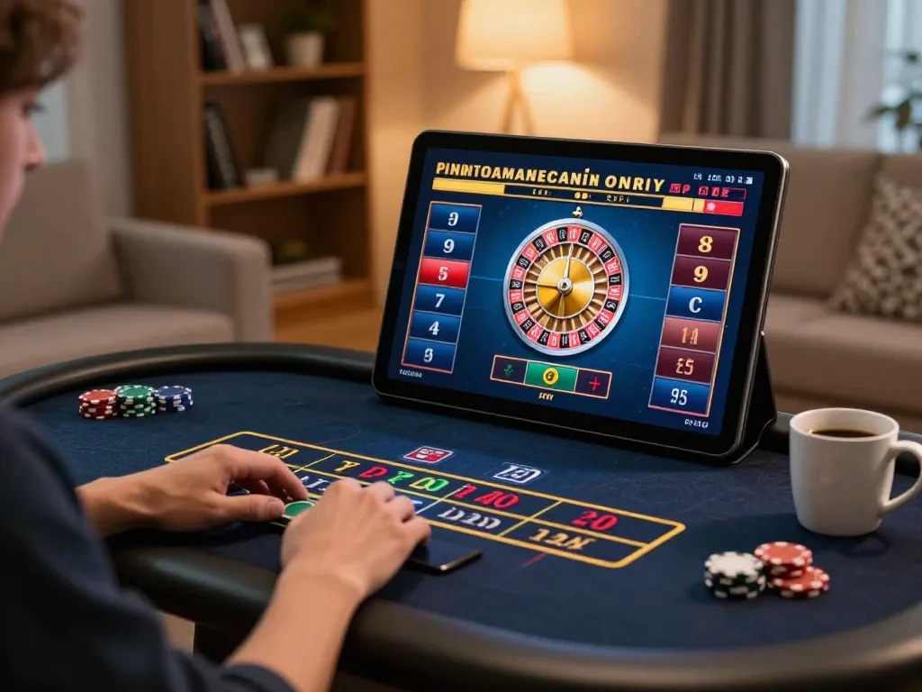 Player immersed in casino online americani gameplay showing a vibrant roulette game on tablet.