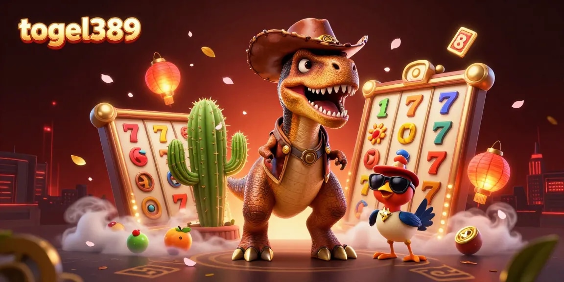 Play exciting slots with togel389 amidst animated characters and vibrant casino symbols.