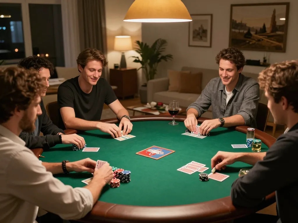 Players enjoying an engaging poker game at home, showcasing LGOLUX strategic gameplay atmosphere