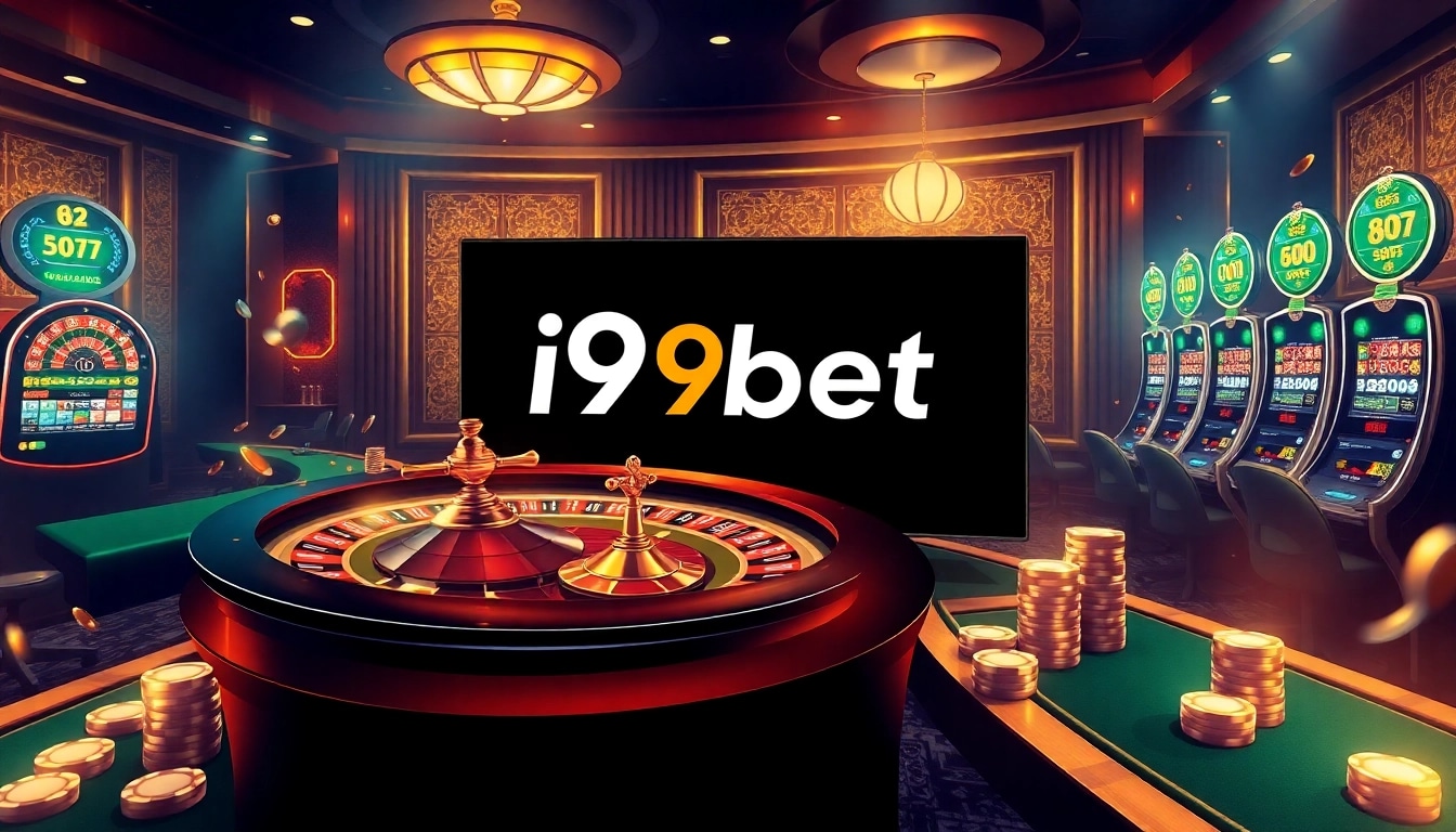 i9bet showcases an exciting online casino setting with vibrant chips and a roulette wheel in a luxurious atmosphere.