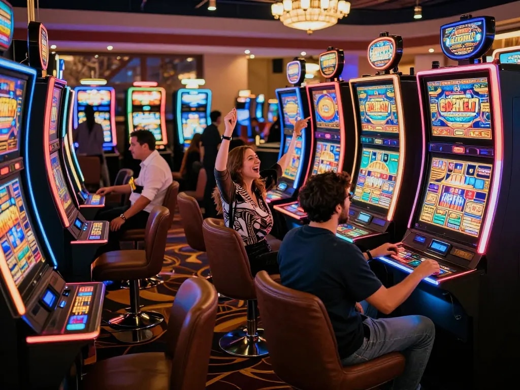 ATQ players celebrating wins at vibrant slot machines in a lively casino atmosphere