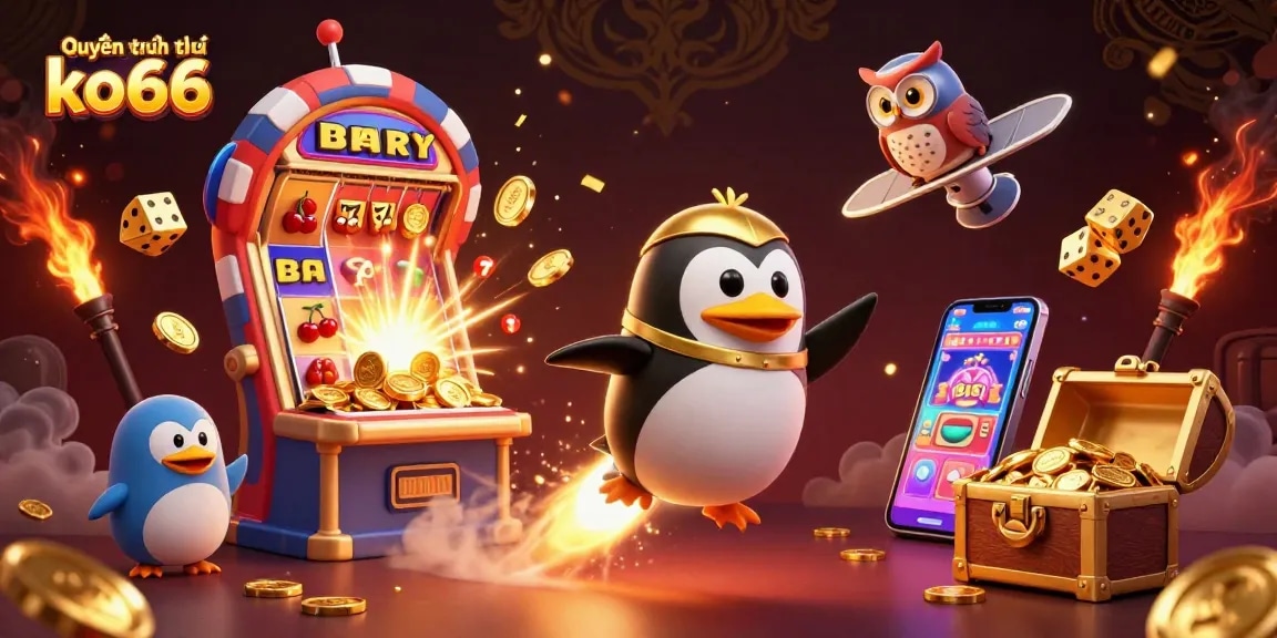 Experience the excitement of Quyền riêng tư ko66 with a vibrant 3D casino illustration showcasing a golden penguin and jackpot treasures.